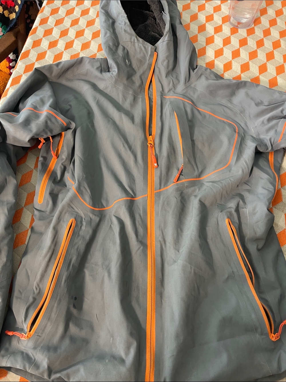 Stoic Men's Gray Hooded Rag line Sleeved Jacket with Orange Trim M Fleece Lined